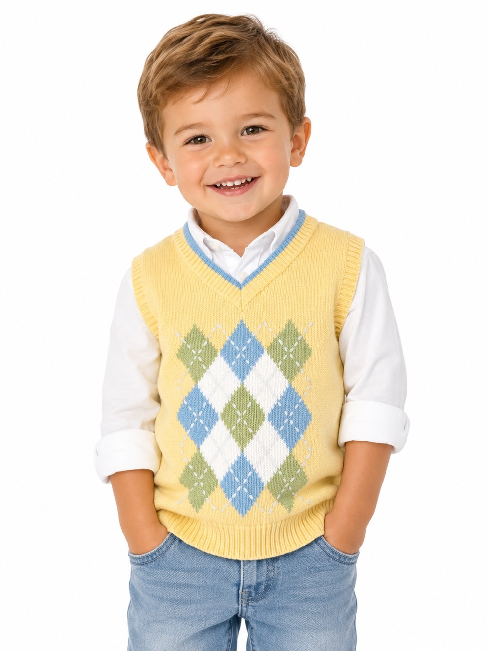 Yellow Argyle Knit Vest for Kids - Classic Sleeveless Sweater - 0078